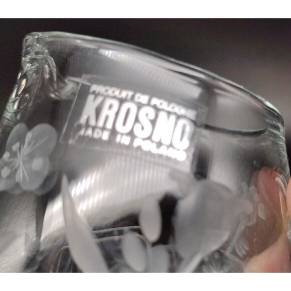 Krosno Hand Blown Etched Glass Creamer Applied Handle Floral Design Poland - Picture 3 of 10